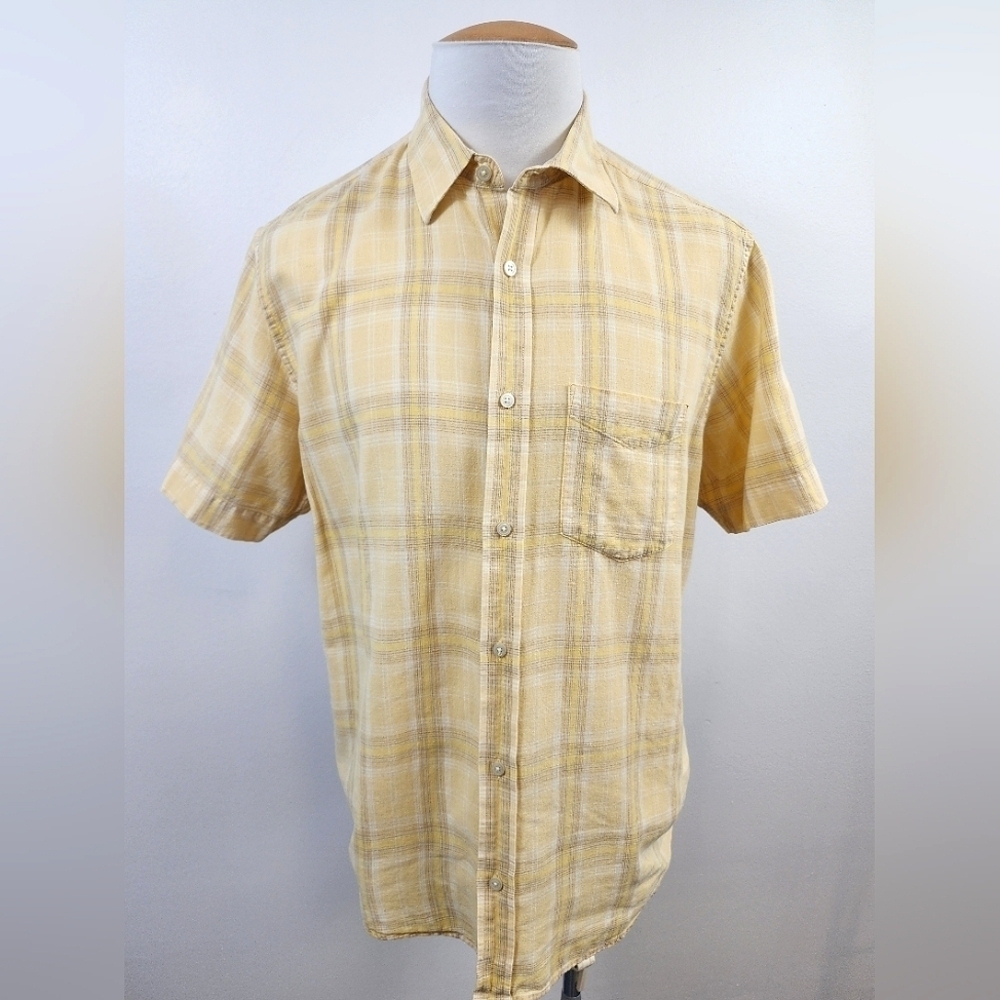 Banana Republic Button Down Shirt Yellow Plaid Short Sleeve Linen Size 16-16.5"
